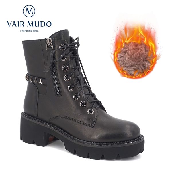 

vair mudo genuine leather women boots round toe sheepskin boots thick heel handmade wool lining women shoes dx7 t200425, Black