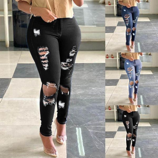 

womens hole jeans fashion button zipper pocket wide leg denim pants casual slim fit pant skinny elastic pencil jean, Blue