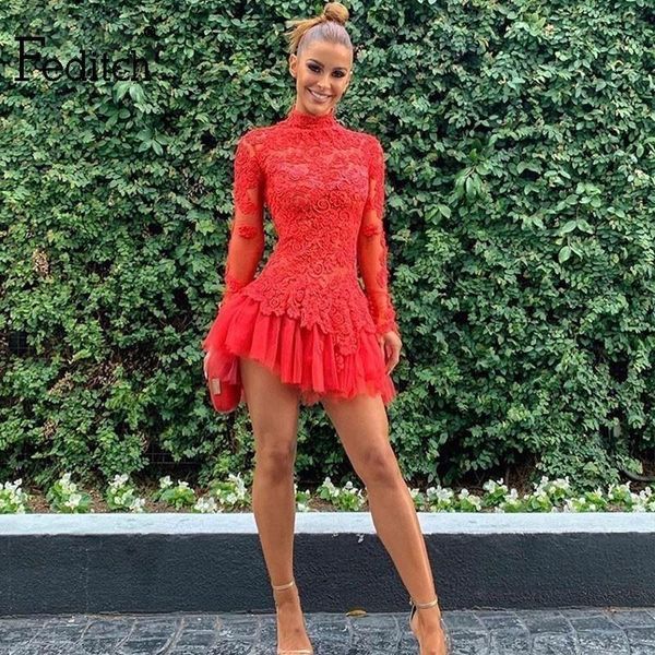 

red lace paty dress women floral mesh long sleeve elegant summer dress mini high neck a line bodycon dresses vestidos, Black;gray