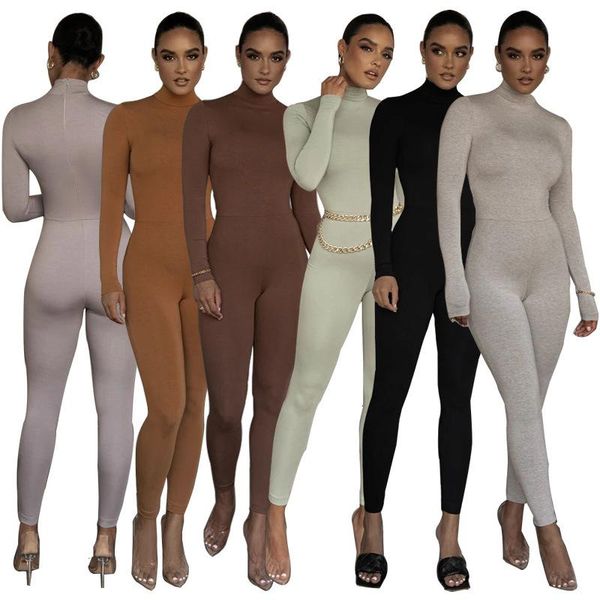 

newesr skinny solid women jumpsuits high neck long sleeve fitness pencil pants rompers for sports party wear autumn selling, Black;white