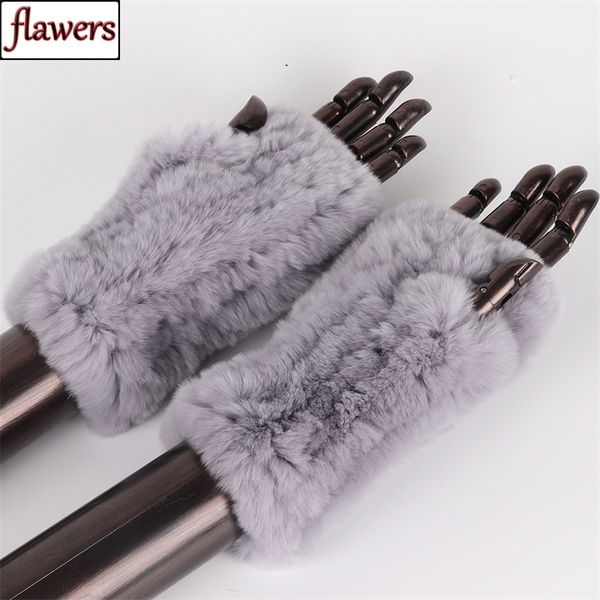 

new women 100% real genuine knitted rex rabbit fur mittens winter warm lady real fur fingerless gloves handmade knit fur mitten 201020, Blue;gray