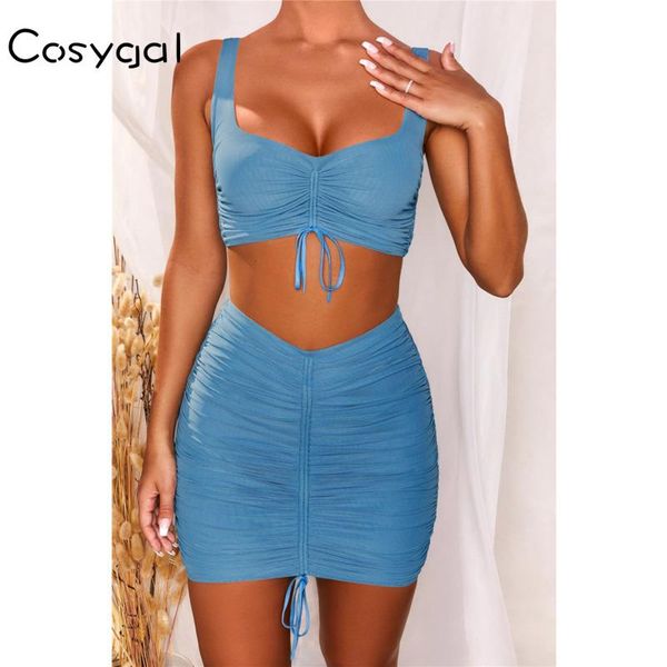

cosygal ruched blue two piece set women v neck tank crop bodycon skirt drawstring 2 piece set skinny solid tracksuit, Gray