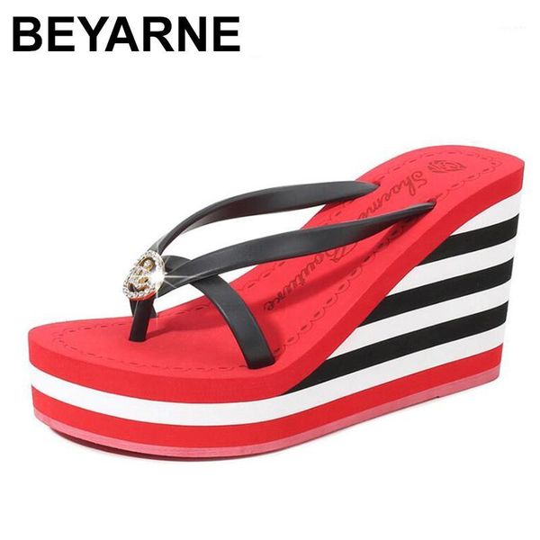 

beyarnewomen slippers summer beach shoes casual new thongs stripe platform rhinestone babouches zapatos de mujer1, Black