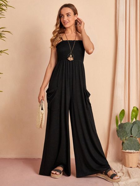 

emery rose dual pocket shirred bodice cami jumpsuit t09e#, White