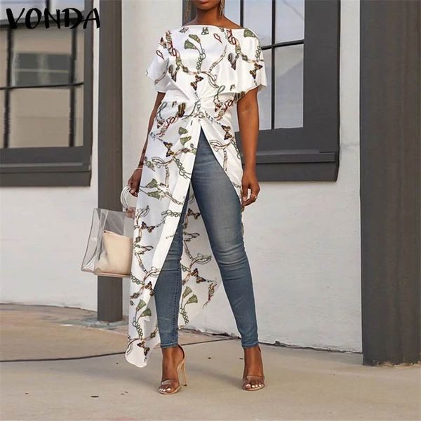 

women asymmetrical summer tunic bohemian ladies shirts vintage floral printed long blouse female plus size blusa s-5xl y200622, White