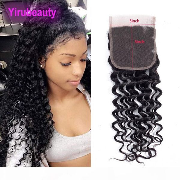 

peruvian unprocessed human hair 5x5 lace closure deep wave curly middle three part natural color five by five lace size, Black;brown