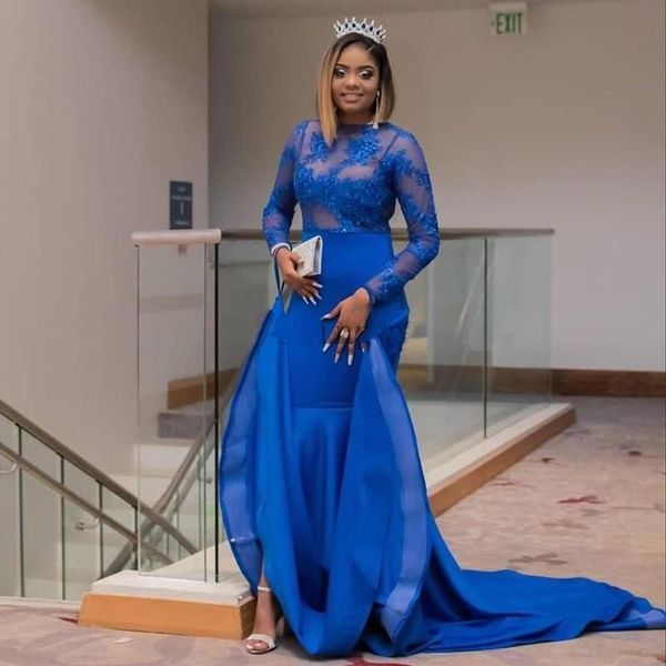 

royal blue mermaid prom dresses jewel neck long sleeves lace appliques illusion formal womens evening gowns vestidos formales para mujer, Black