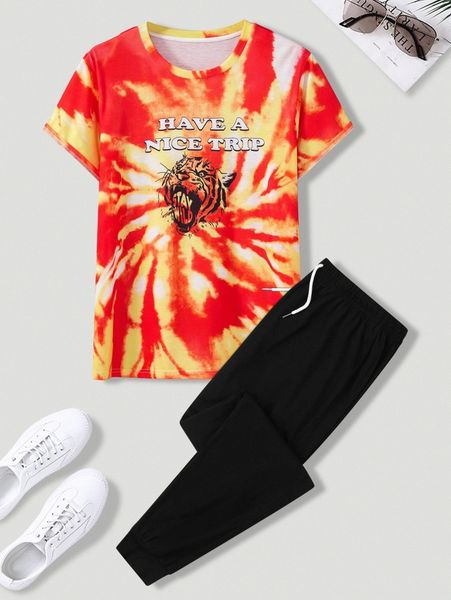 

men slogan and tiger print tie dye tee & drawstring waist sweatpants n3in#, Gray