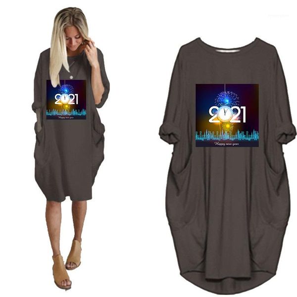 

style dress loose long sleeve pocket tshirt dresses ladies spring autumn clothing women 2021 new, Black;gray