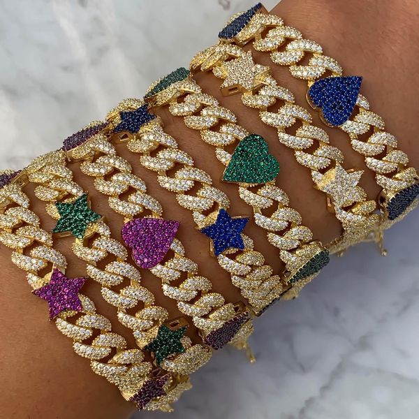 

gold color white blue red green cubic zirconia cz star heart chain 10mm miami cuban link chain luxury women bracelet jewelry, Golden;silver