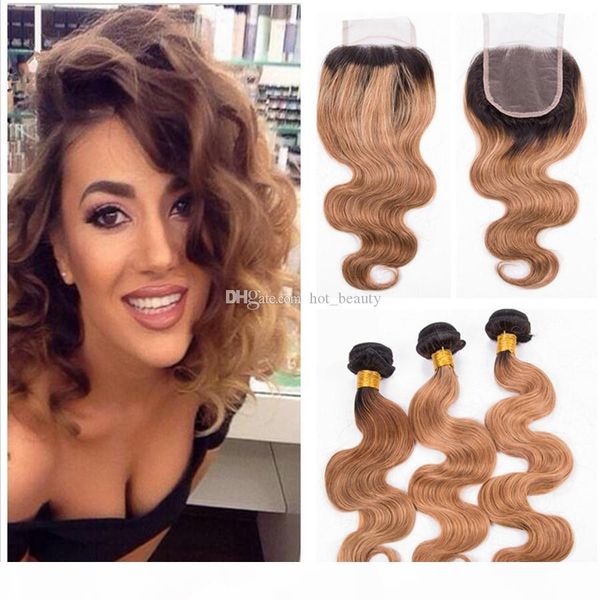 

ombre human hair bundles with lace closure t1b 27 peruvian body wave virgin hair weaves closure two tone dark root honey blonde 4pcs, Black