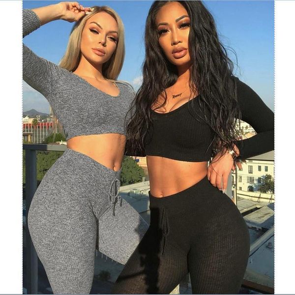 

autumn warm womens set solid color two piece set fashion long sleeve v-neck crop +long trousers slim outfits 2pcs set, Gray