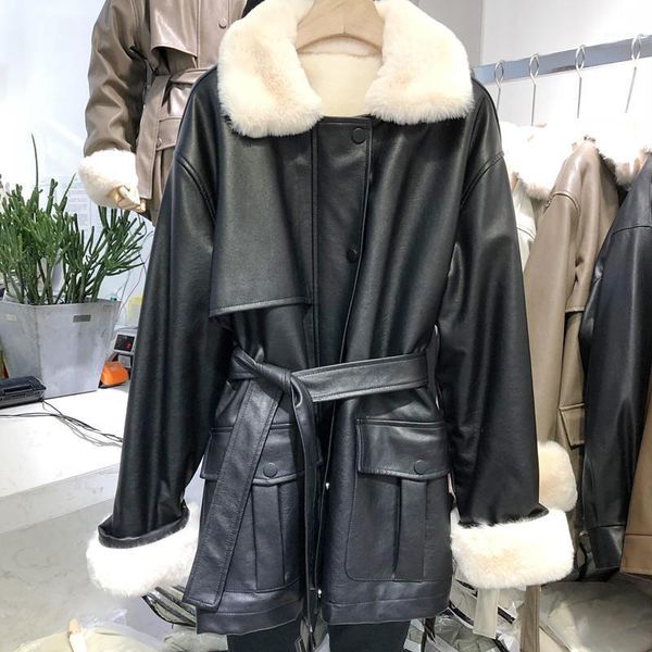 

fashion thick warm lambs wool leather jacket women autumn winter jacket women with belt pu leather biker coat c60301, Black