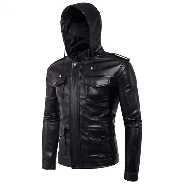 

motorcycle hooded jacket fake two pieces of leather men's european size, Black;brown
