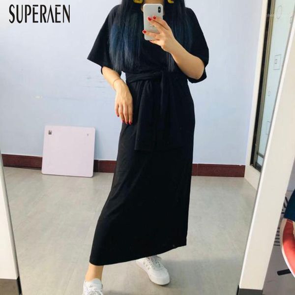 

superaen summer new 2020 women dress solid color short sleeve ladies dress round collar fashion casual women clothing1, Black;gray