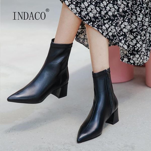 

2020 leather women boots winter pointed toe ankle boots thick heels white sheepskin party shoes female, Black