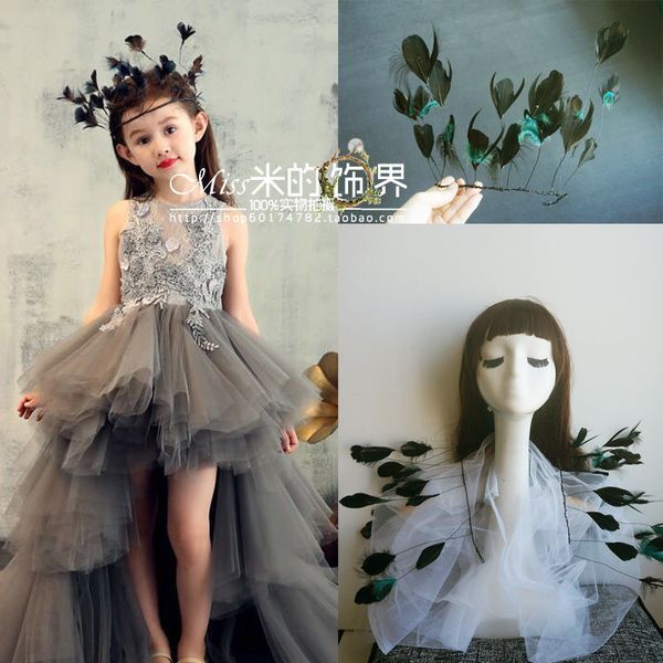 

dark black feather exaggerated crown children's show headdress bridal wedding pgraphy angel shoulder dress, Silver