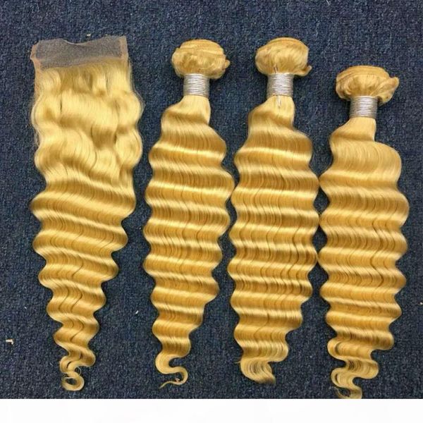 

large stock brazilian blonde virgin human hair 3bundles with 4x4 lace closure 4pcs lot deep wave #613 blonde hair weaves with closure, Black;brown