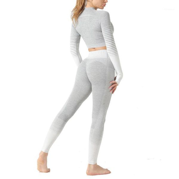 

svokor seamless two piece women set fitness gym suit stripe geometry sportswear clothes crop leggings workout pants1, Gray