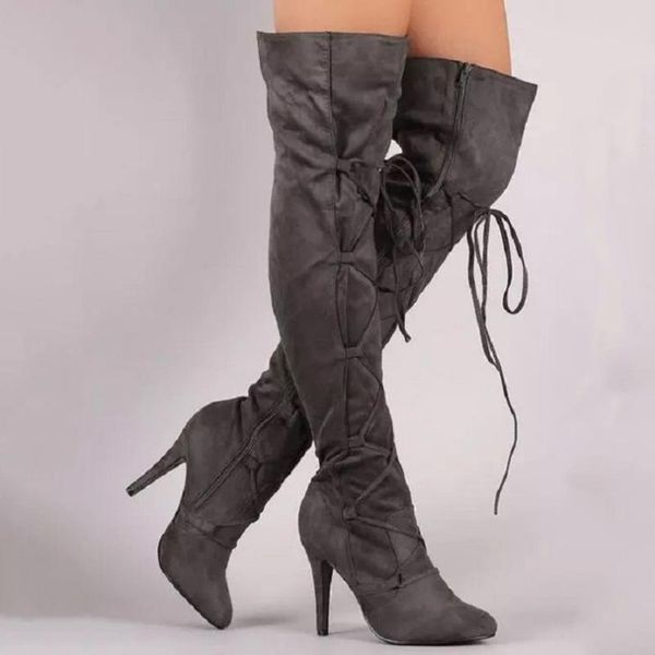 

boots women winter pointed toe pleated keep warm flock thin heels cross lace kneeth stiletto heel over-the-knee booties, Black