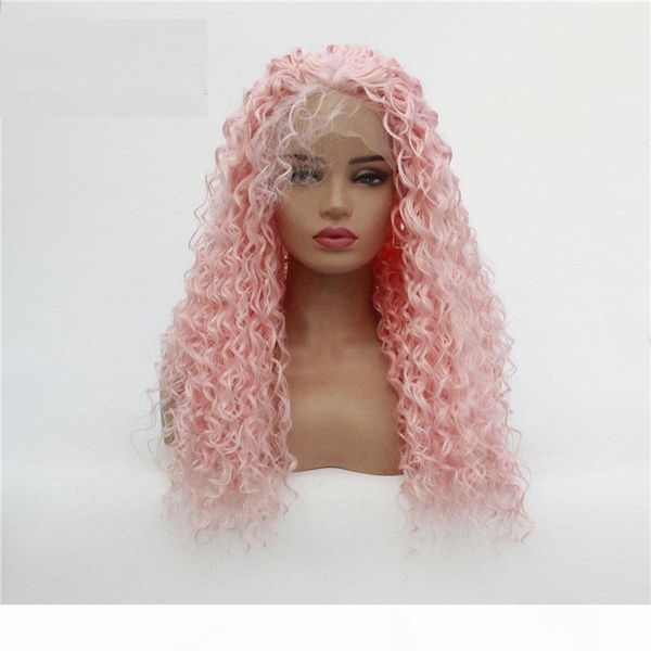 

pink color kinky curly synthetic hair lace front wigs hd transparent lace frontal perruques de cheveux humains wigs 1935-2335#, Black;brown
