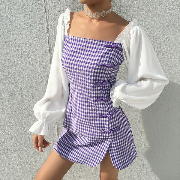 Stile quadrato da donna Retro Palace Style Style Skirt One-Step Cheongsam Cinese Rana Cinese Manica Lunga Patchwork Plaid Abito Skinny