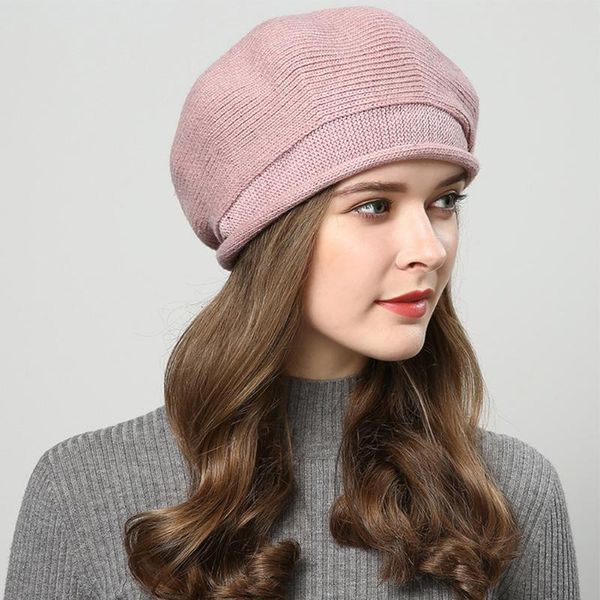 

french artist knitted hat stretchable solid classic warm women beret soft outdoor winter autumn curling cap casual wool blend, Blue;gray