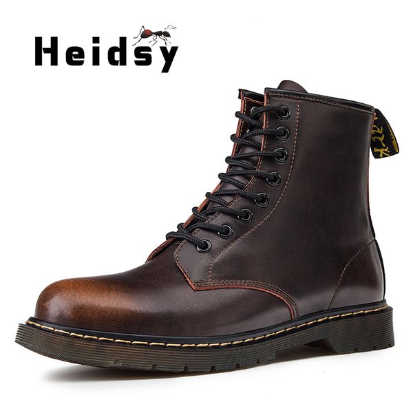

heidsy new arrival men boots genuine leather winter mens boots warm boots lace up mens desert round toe high s, Black