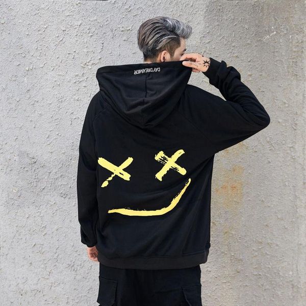 

autumn winter men smile print hooded hoodies men's black and white stitching sweatshirts long sleeve hip hop streetwear clothing