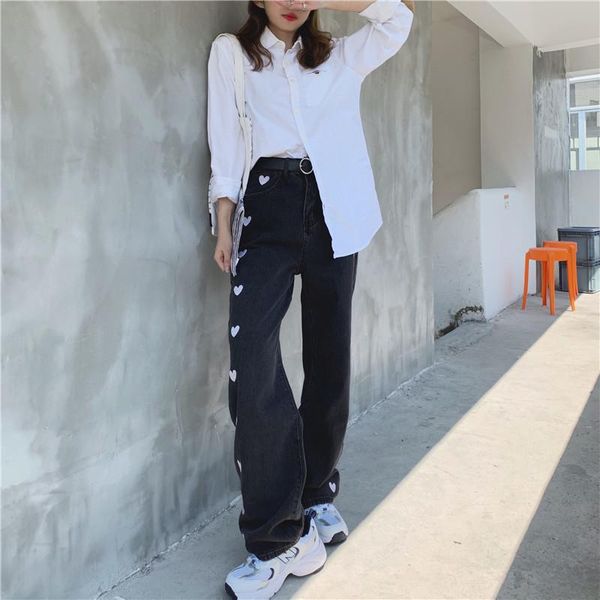 

new japanese harajuku women streetwear jeans high waist blue black heart love embroidery denim wide leg pants cute elegant jeans