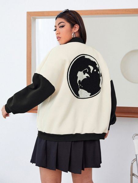 

plus earth & letter patched drop shoulder bomber jacket k5lk#, Black