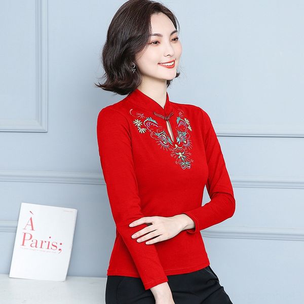 

новая осень и зима 2020 китайского стиль вышивка пассива постоянного воротник небольшой внешний стиля женщины длинной вышитые shirtt футболк, White