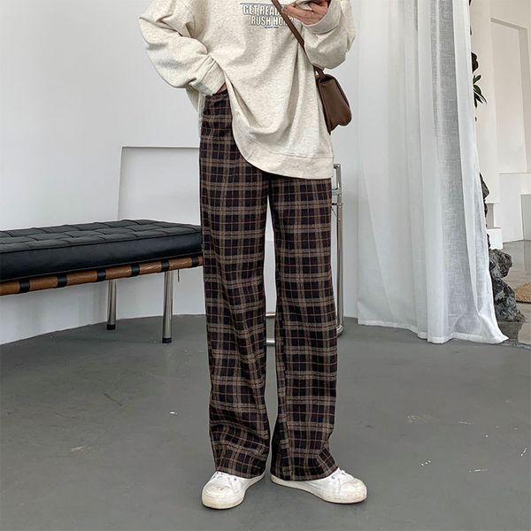 

2 colors 2020 korean style plaid vintage straight trouser female autumn high elastic waist long pants womens (x1600) c1015, Black;white