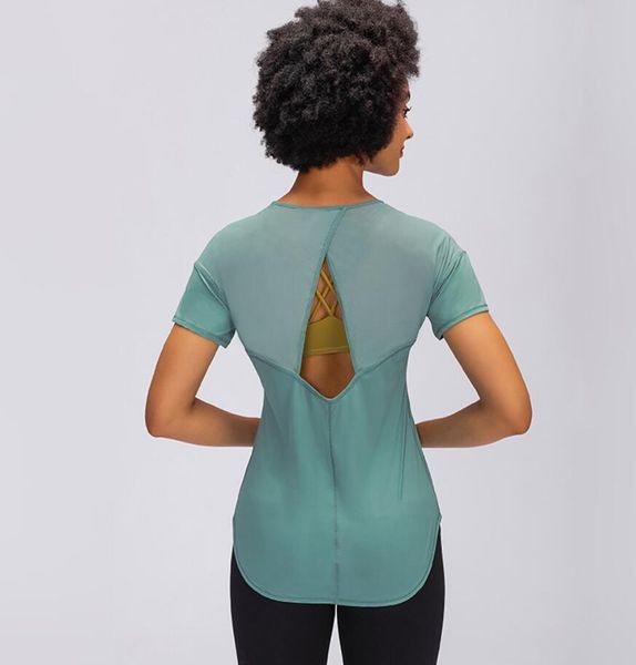 Mesh Cross Cut Yoga Tops Kurzarm leichte atmungsaktive schnell trocknende Hollow Out Sexy lose einfarbige Sport Fitness T-Shirt Shirt