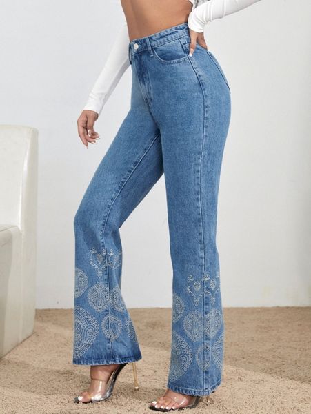 

high waisted embroidered detail bootcut jeans b8if#, Blue