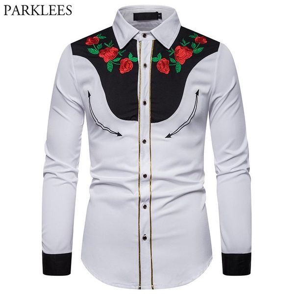 

men's casual shirts floral embroidery men vintage western cowboy shirt rose flower long sleeve white design dress for, White;black