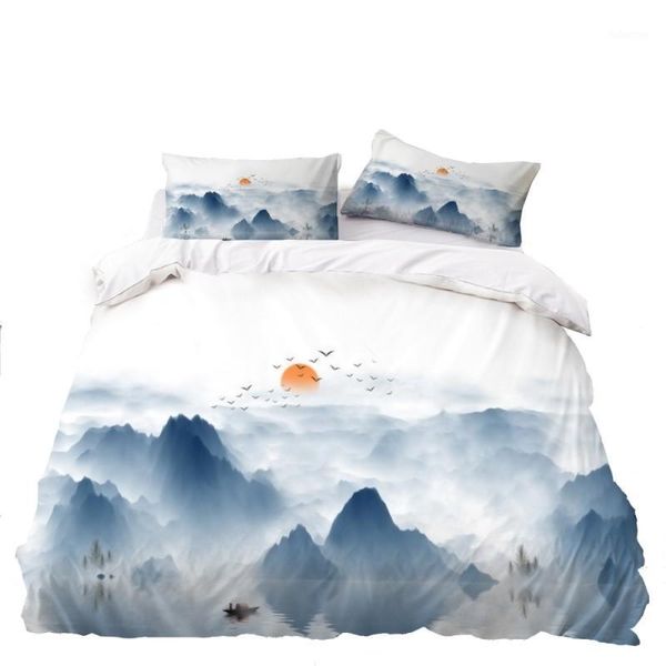 

sunset mountain bedding chinese style duvet cover twin full  king size bed linen set watercolored quilt cover pillowcase1