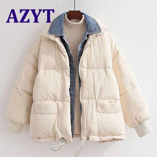 

azyt winter thicken warm parka coat 2020 harajuku style denim fake two-piece cotton down jacket loose winter jacket for women1, Black