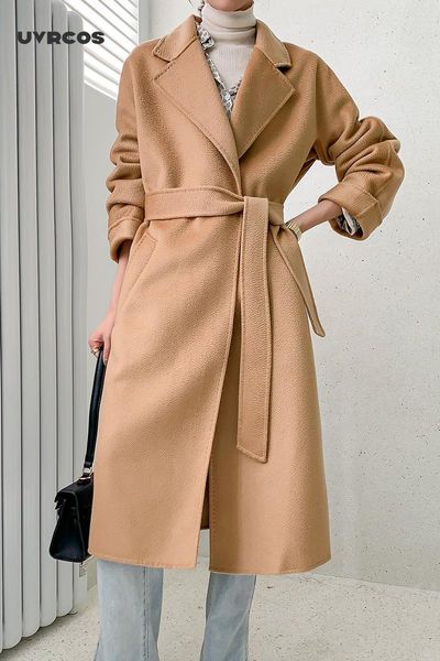 

uvrcos 2020 autumn and winter fashion wool coat women's long coat thickened water ripple fabric, Black