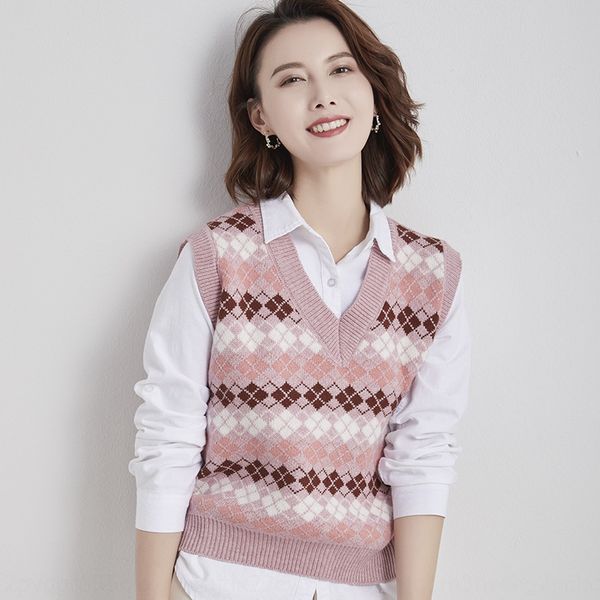 

2020 new autumn and winter sweater knitwear style v-neck pink contrast lazy style korean knitted sweater vest vest version m8imd m8i, White;black