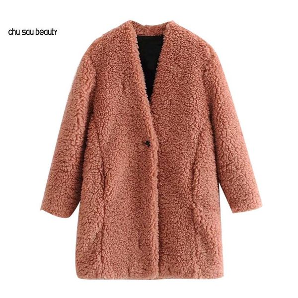 

women 2021 fashion thick warm faux fur teddy coat vintage long sleeve pockets female outerwear chic overcoat c353, Black