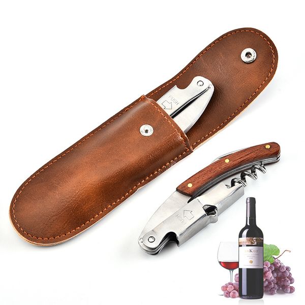 

wood handle professional wine opener with leather bag pack multifunction portable screw corkscrew wine bottle opener cook tools