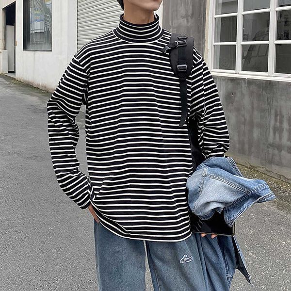 

early autumn couple loose and lazy wind plush stripe high collar bottomcoat women's wear long sleeve t-shirt men's fashion, White;black