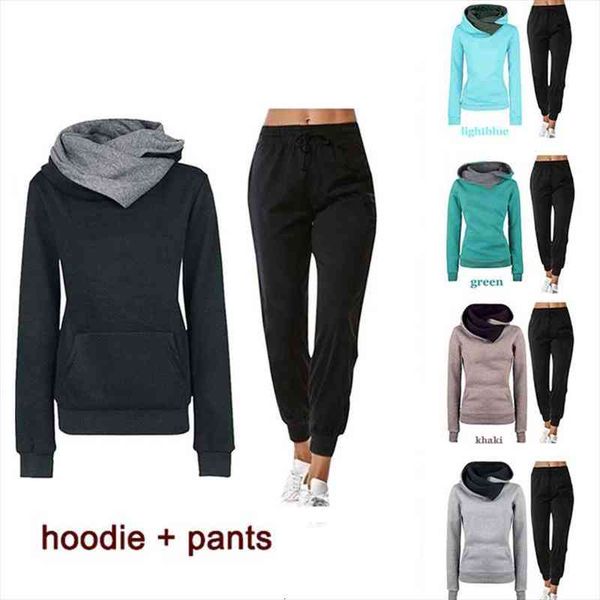 

womens autumn outfits two-color hooded long sleeve sweatshirt suit solid casual sport sweatshirt female sweatpants 2pcs set, Gray