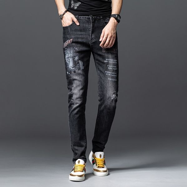 

new embroidery men jeans fantastic patterns quality brand slim elastic comfortable hiphop pants multiple styles trousers 201120, Blue
