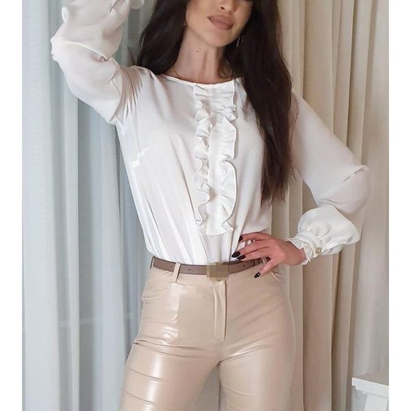 

plus size s-3xl women ruffles elegant o neck long sleeve chiffon shirt office ladies casual slim harajuku blouse sj5963e, White