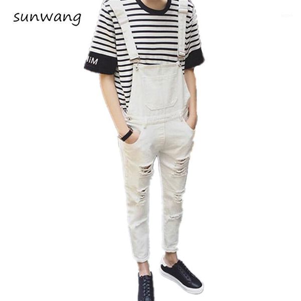 

sunwang brand new 2018 men one piece jumpsuits with holes mens bib overalls black white autumn spring ripped skinny overalls1