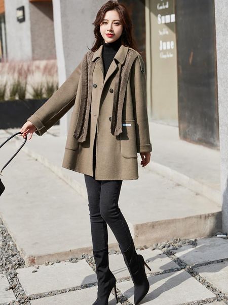 

women's wool & blends women 2021 autumn hand-stitched double-sided cashmere coat retro double-breasted turn down collar jacket, Black