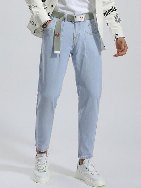 

men light wash tapered jeans without belt f36o#, Blue