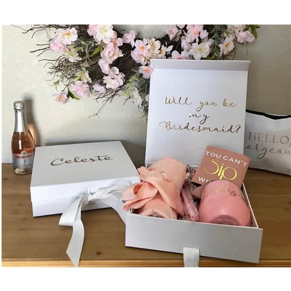 

gold satin bow hen night bachelorette box,custom name box bridesmaid proposal,brithday gift packaging, ,will you be paper boxes